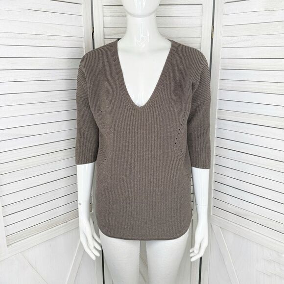 Express Deep V Neck Metallic Thread Tunic Sweater Taupe Brown Copper Small - Picture 1 of 12